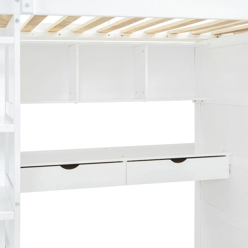 Letto a soppalco con scrivania, armadio, 4 cassetti e 4 ripiani, piazza e mezzo, multi-contenitore