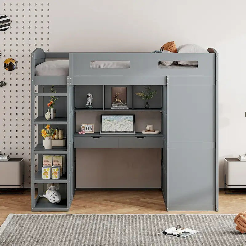Letto a soppalco con scrivania, armadio, 4 cassetti e 4 ripiani, piazza e mezzo, multi-contenitore