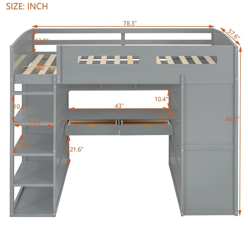 Letto a soppalco con scrivania, armadio, 4 cassetti e 4 ripiani, piazza e mezzo, multi-contenitore