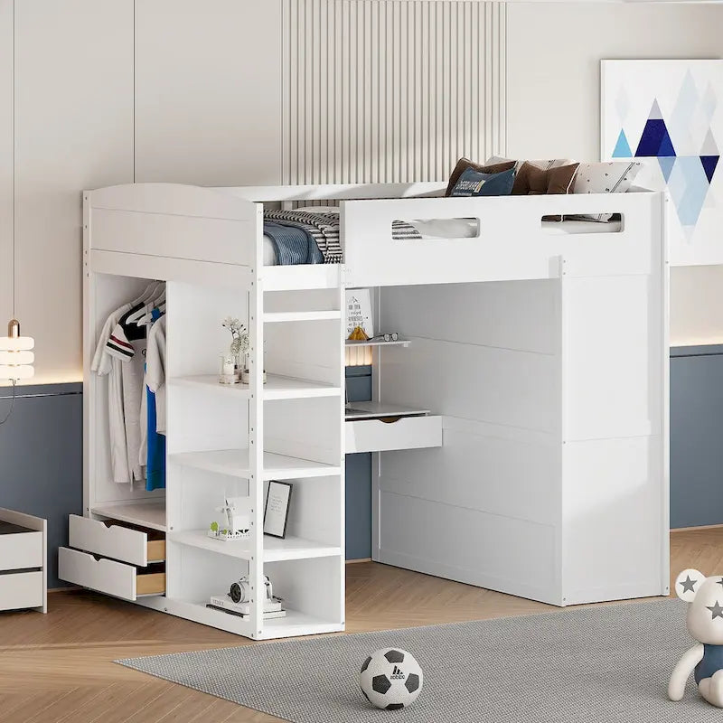 Letto a soppalco con scrivania, armadio, 4 cassetti e 4 ripiani, piazza e mezzo, multi-contenitore