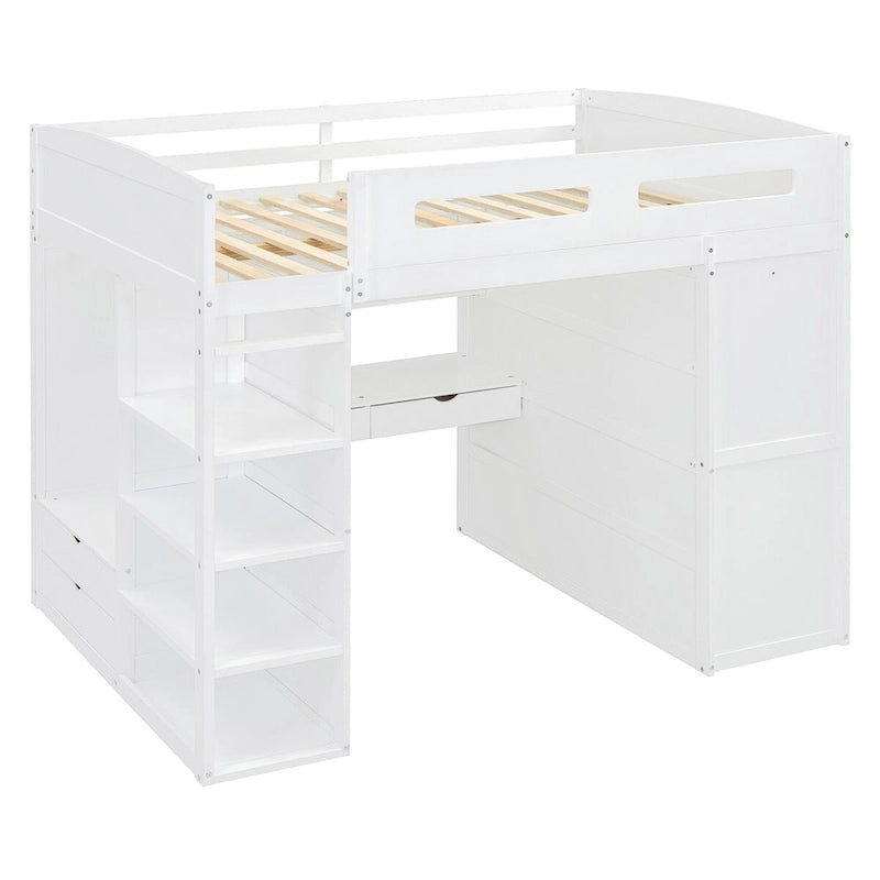 Letto a soppalco con scrivania, armadio, 4 cassetti e 4 ripiani, piazza e mezzo, multi-contenitore