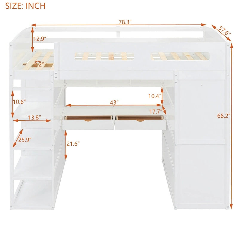 Letto a soppalco con scrivania, armadio, 4 cassetti e 4 ripiani, piazza e mezzo, multi-contenitore