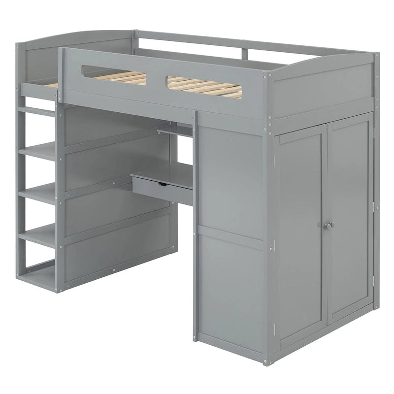 Letto a soppalco con scrivania, armadio, 4 cassetti e 4 ripiani, piazza e mezzo, multi-contenitore
