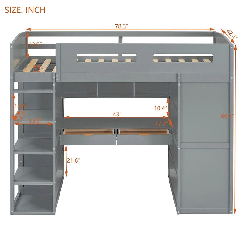 Letto a soppalco con scrivania, armadio, 4 cassetti e 4 ripiani, piazza e mezzo, multi-contenitore